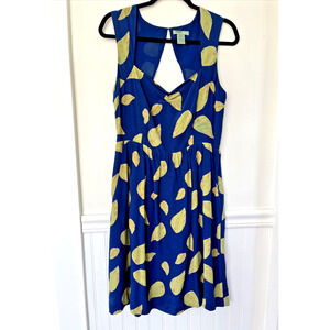 Anthropologie Maple Blue and Yellow Leaf Print Midi Dress